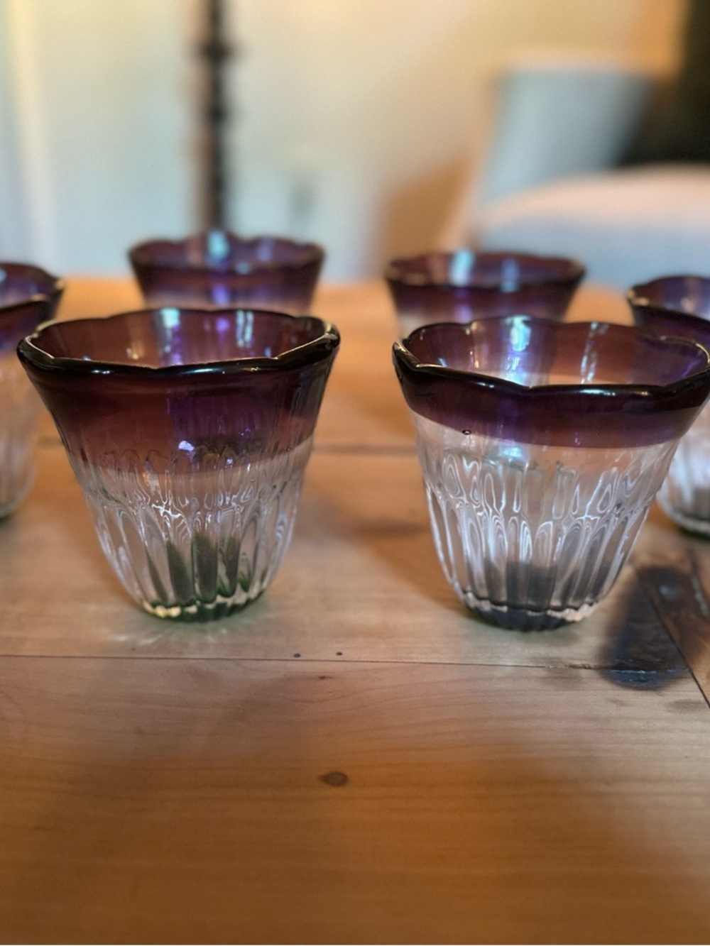 Six (6) Anthropologie Purple and Green Rippled Glass Tumbler - Picture 3 of 11
